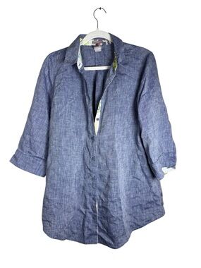 Chicos Linen No Iron Chambray Button Down Tunic Top, Women’s Sz 12-14 Lagenlook